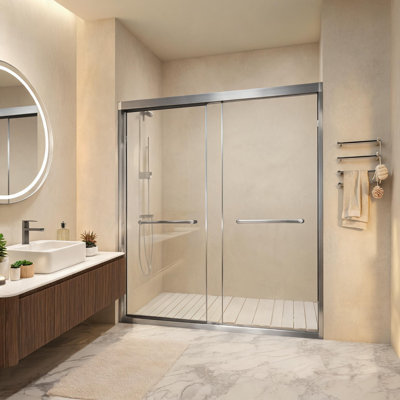 Porte de douche coulissante double en verre trempé nickel brossé avec pellicule anti-explosion, cadre en aluminium et poignée en acier inoxydable, dimensions : 112 à 122 cm x 183 cm.