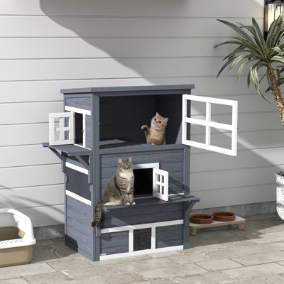 Abri pour chat 3 étages et condos d'extérieur pour chat, plancher surélevé, toit en asphalte, portes de secours, plateformes de saut, gris foncé