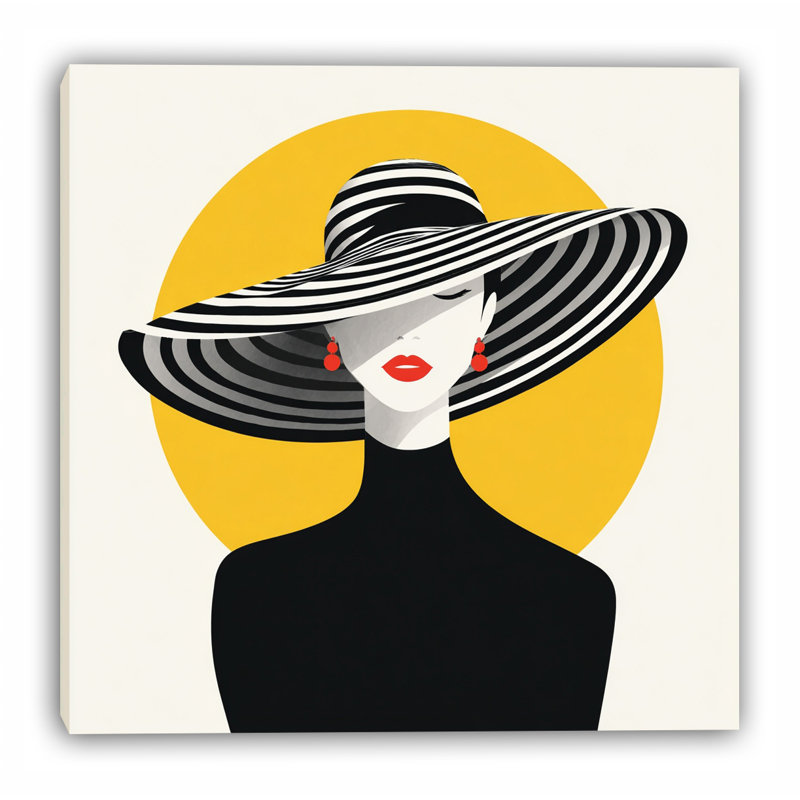 Art de la mode avec un chapeau large et une décoration jaune sur toile tendue, H 20 po x l 20 po