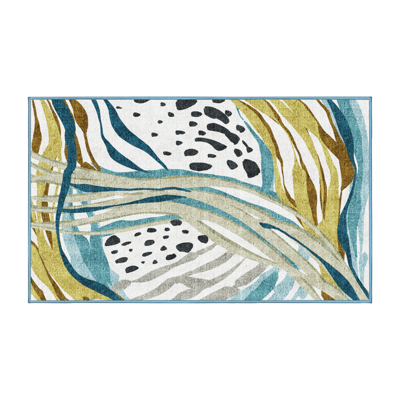 Tapis bleu / gris en chenille / polyester tissé à la main à motif abstrait Caylub, Rectangle de 5 pi x 8 pi