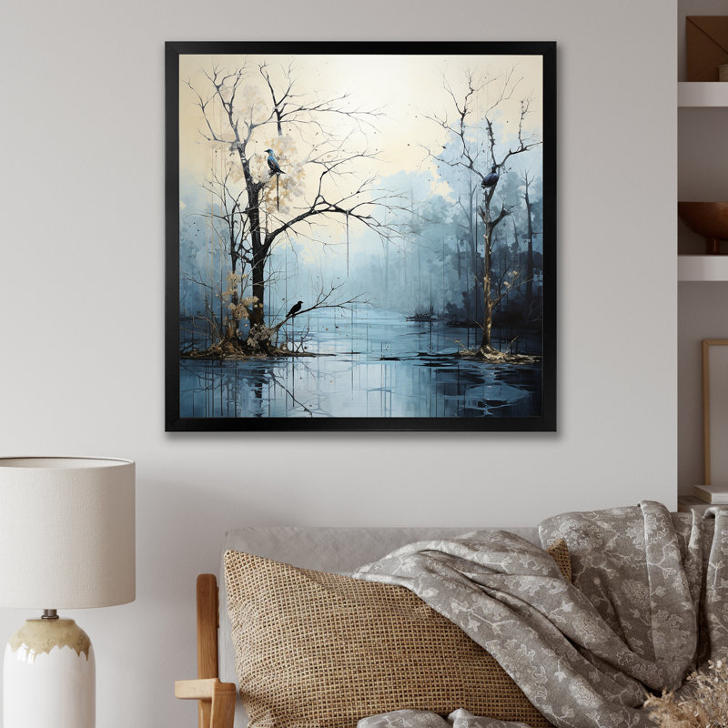 Arbre minimaliste bleu Charm IV, Cadre simple noir, H 30 po x l 30 po x P 1 po