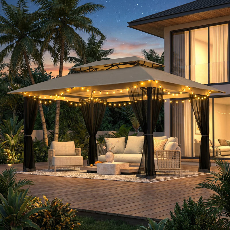 10x13 Gazebo, Outdoor Patio Gazebo With Mosquito Netting, Double Roof Metal Gazebo, Canopy For Backyard Covered Patio, Heavy Duty Gazebo Outdoor For Garden Deck Lawn
