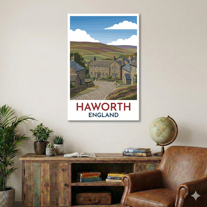 Haworth, England - Romantic Yorkshire Travel Poster: Moorland, Cobblestones And Bronte Charm. Giclee Print On Wrapped Canvas. Wall Art, Home Decor - Cities & Towns, England - Wrapped Canvas Print