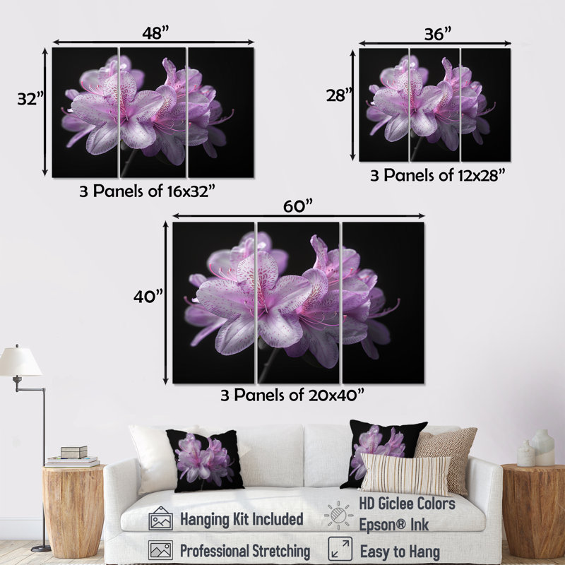 Mauve et noir rhododendron chuchotant des vents - ensemble d'art mural rhododendron, H 28 po x l 36 po x P 1 po, Toile tendue
