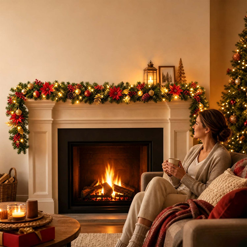 Guirlande lumineuse de Noël rouge et or de 1,80 m avec fleurs et boules