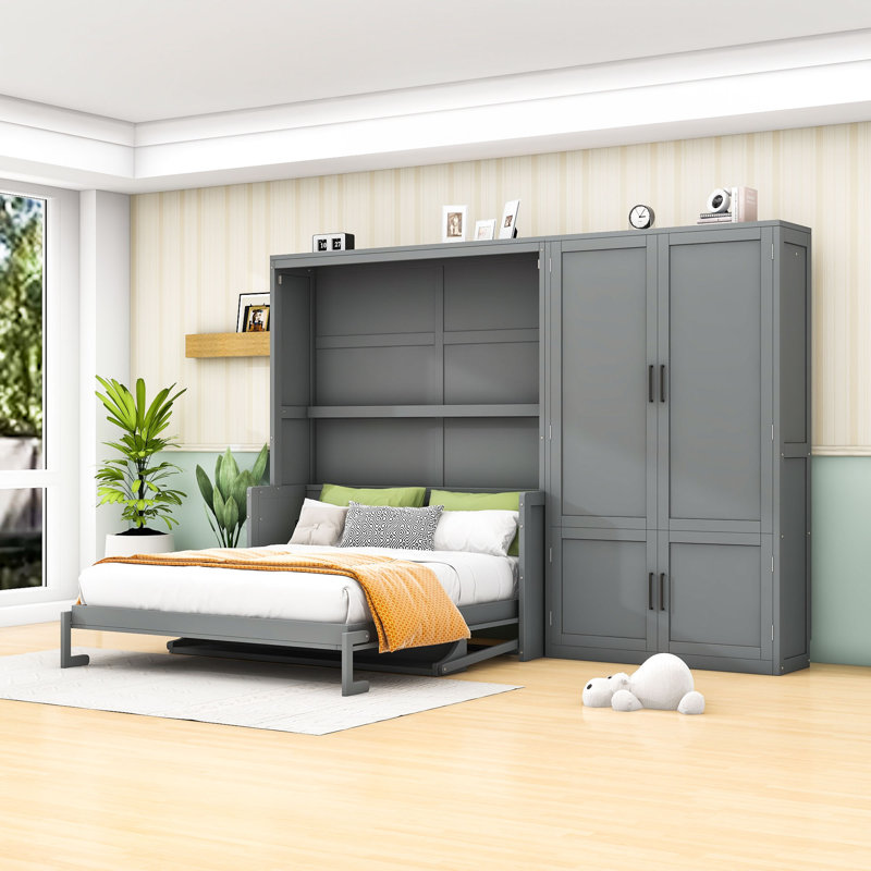 Grand lit escamotable en bois avec système hydraulique et garde-robe intégré, Gris