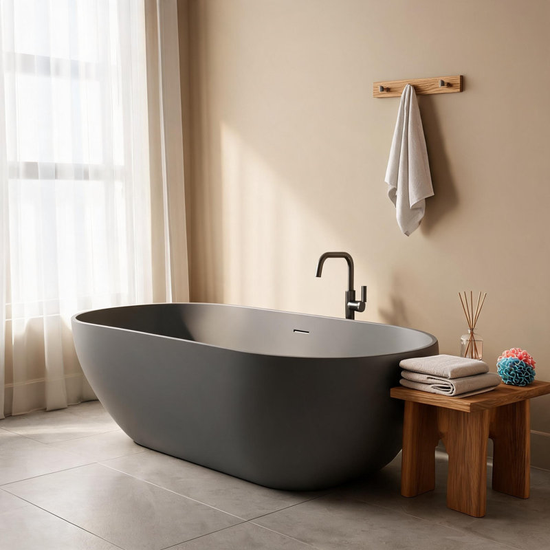 Baignoire de trempage autoportante 59 pouces à surface solide gris mat