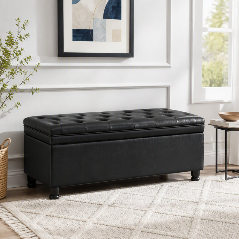 Banc de rangement capitonné avec boutons en similicuir et pieds fuselés, Black+PU
