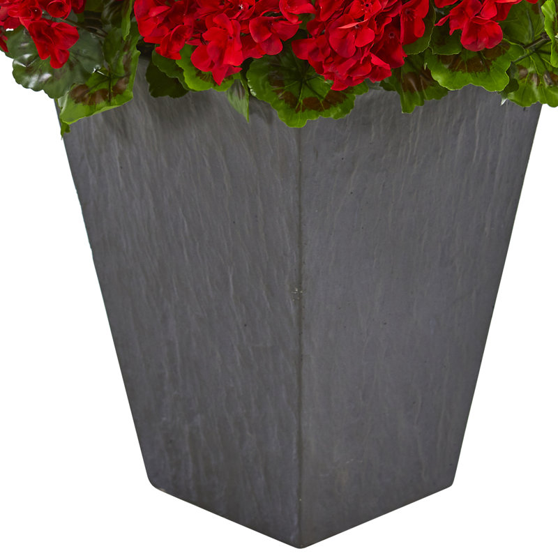 Red Geranium Artificial Plant in Slate Planter for Indoor/Outdoor