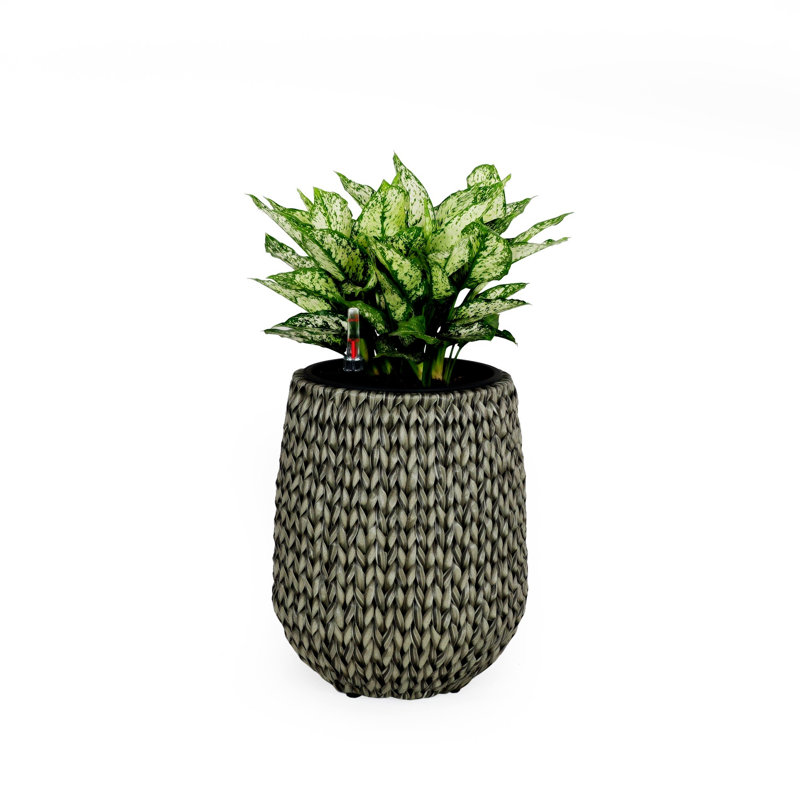 Pot à fleurs en osier auto-arrosant 13,4 "- Pot de décoration de jardin - Gris - Rond