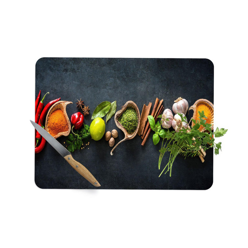 Planche à découper élégante en verre avec imprimé à thème d'épices, idéale pour les décors de cuisine modernes