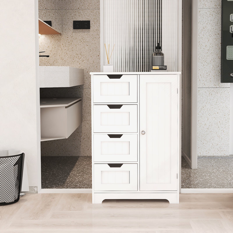 Armoire de rangement autoportante blanche avec tablettes réglables, 4 tiroirs et 1 porte
