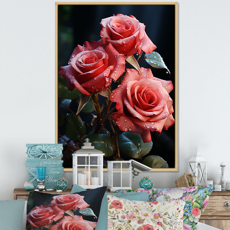 Art mural rétro rose rouge Reson I - Roses, Cadre flottant brun, 20" H x 12" W