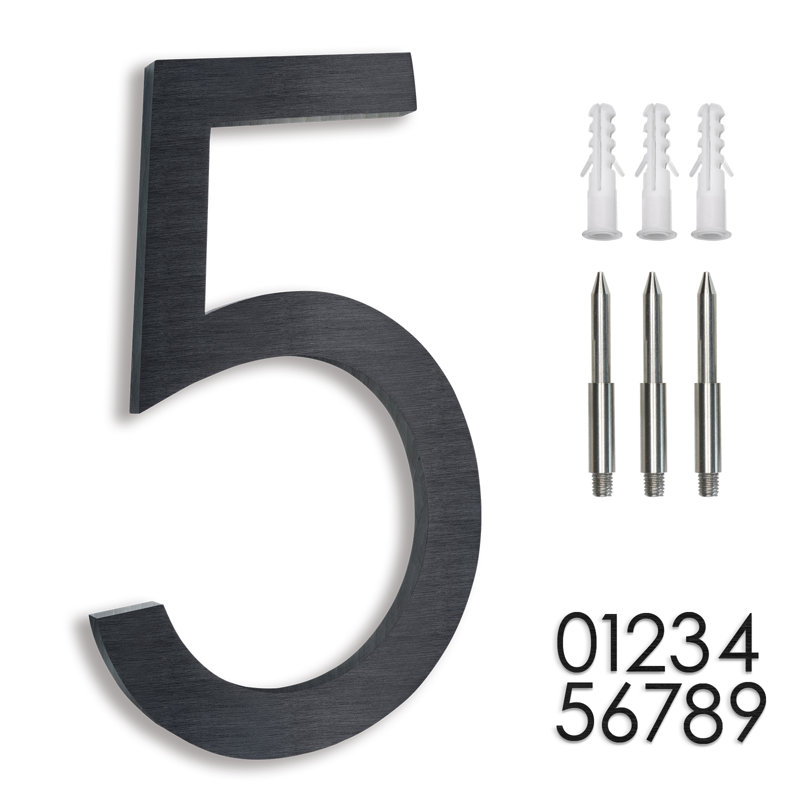 Numéro de maison 8 po en aluminium massif antirouille, flottant ou encastré, Noir brossé, #5
