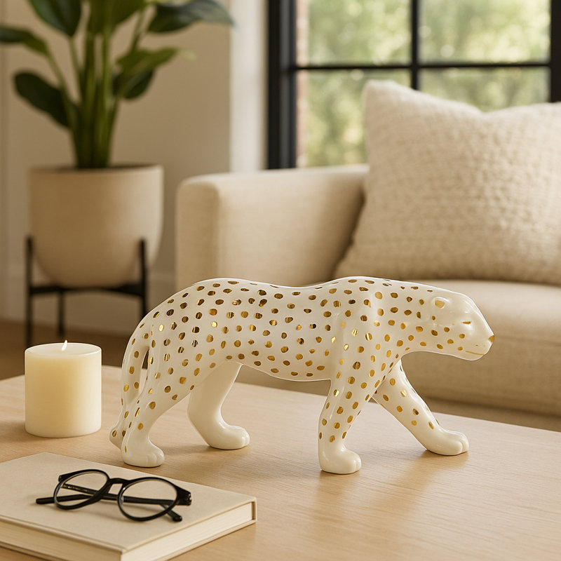 Ankney Artistic Leopard Figurine Sculpture Home Decor - Patterned Decorative Object And Modern Ceramic Statue For Decorations For Living Room - White & Gold