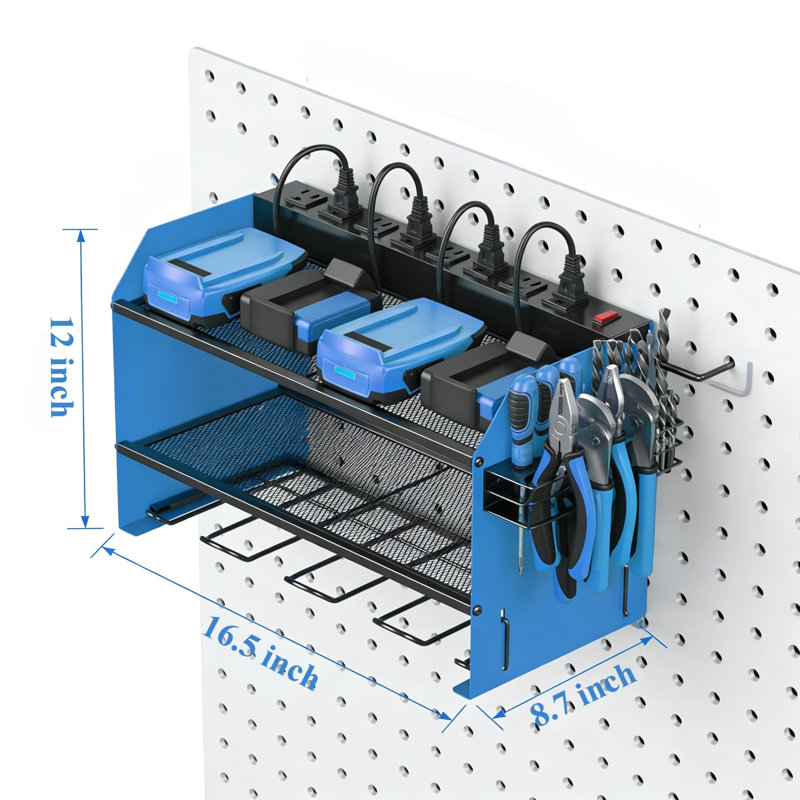 Support mural modulaire pour outils électriques avec station de charge et multiprise à 8 prises, Bleu