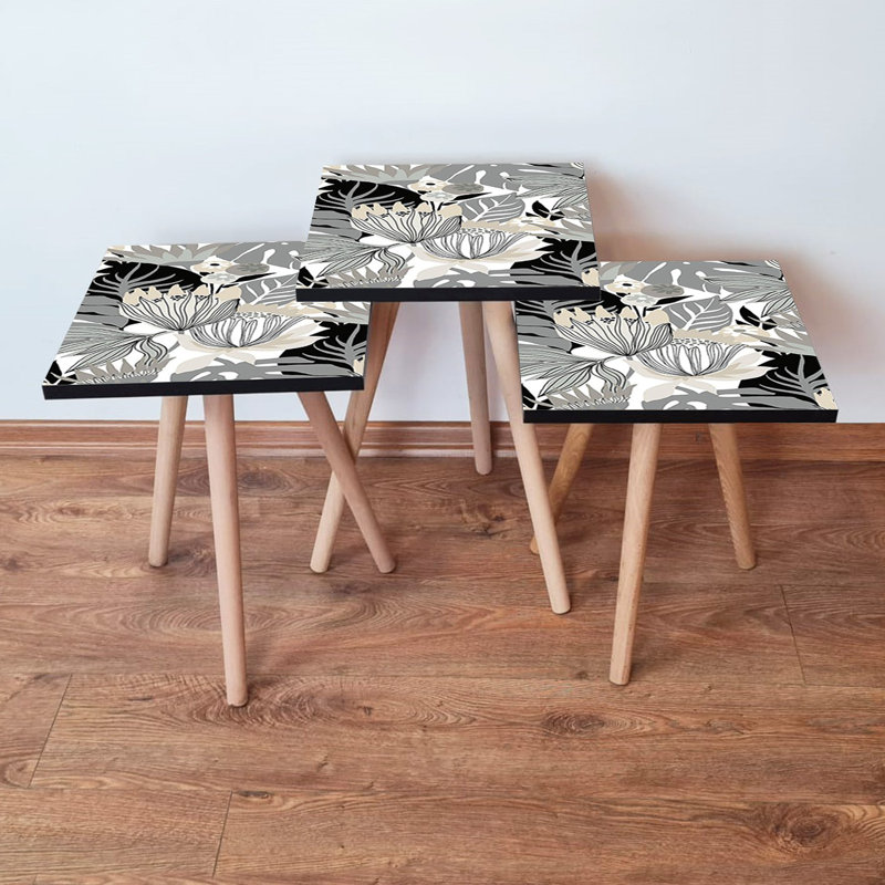 Ensemble de 3 tables gigognes modernes (blanc et noir avec accents beiges) 13,8 po x 20,5 po x 13,8 po | 100% panneau de fibres à densité moyenne avec pieds en bois de hêtre, élégant et polyvalent pour le salon, design élégant pour tout décor