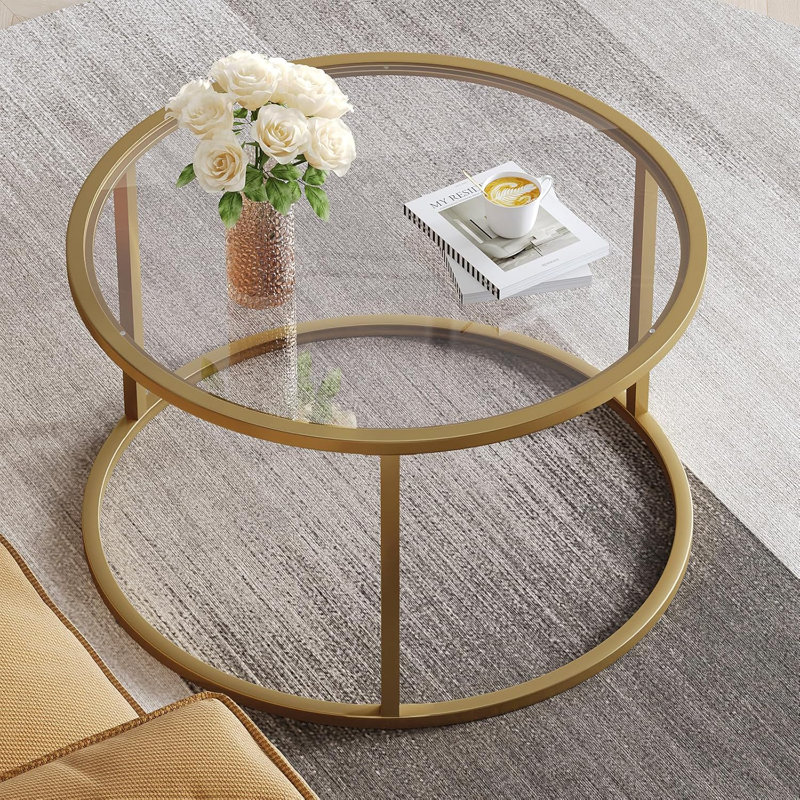 Table basse Petite table basse ronde en verre trempé moderne pour le salon, Clair, Doré