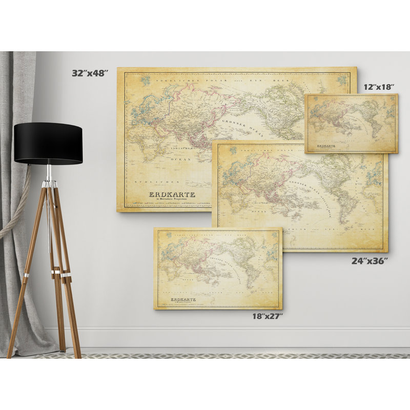 Carte du monde rétro «Parchement», reproduction d'art graphique encadrée, H 24 po x l 36 po x P 1,5 po, Toile tendue