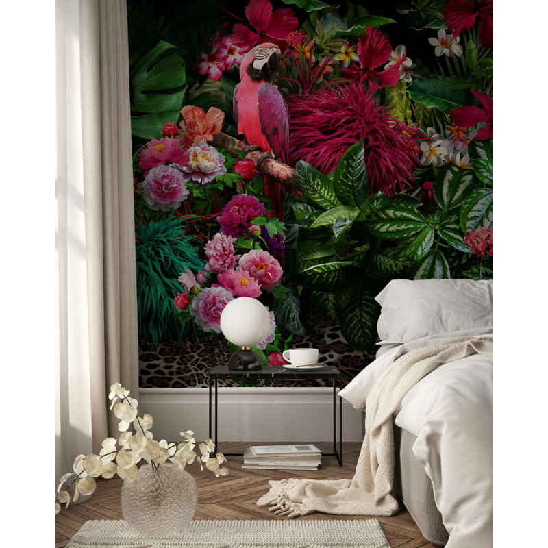 Tropical Parrot Jungle Wall Mural Pink Floral Wallpaper, 100" L x 150" W