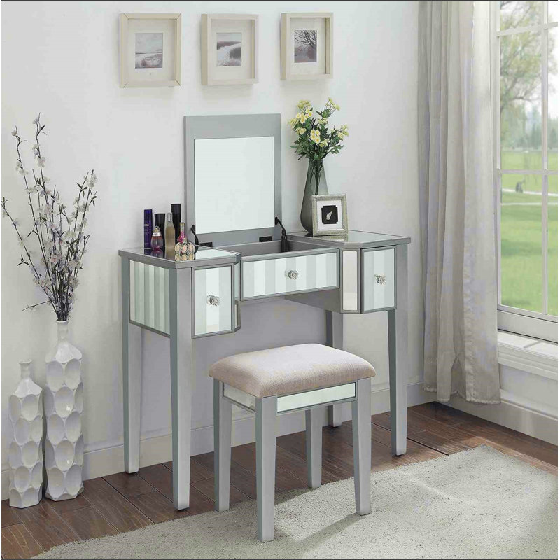 Ensemble de meuble-lavabo de style transitionnel 1 pièce avec tabourets rembourrés, Argent argent