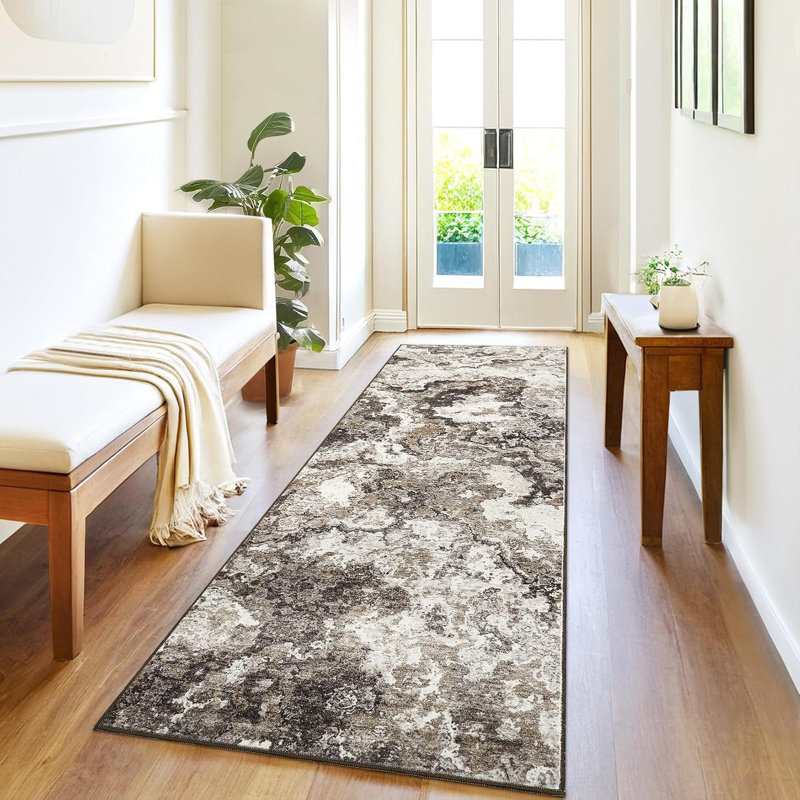 2x6 Washable Brown Runner Rug, Abstract Non-Slip, Soft Low Pile for Kitchen, Hallway, Bathroom, Laundry, Indoor Accent Carpet.