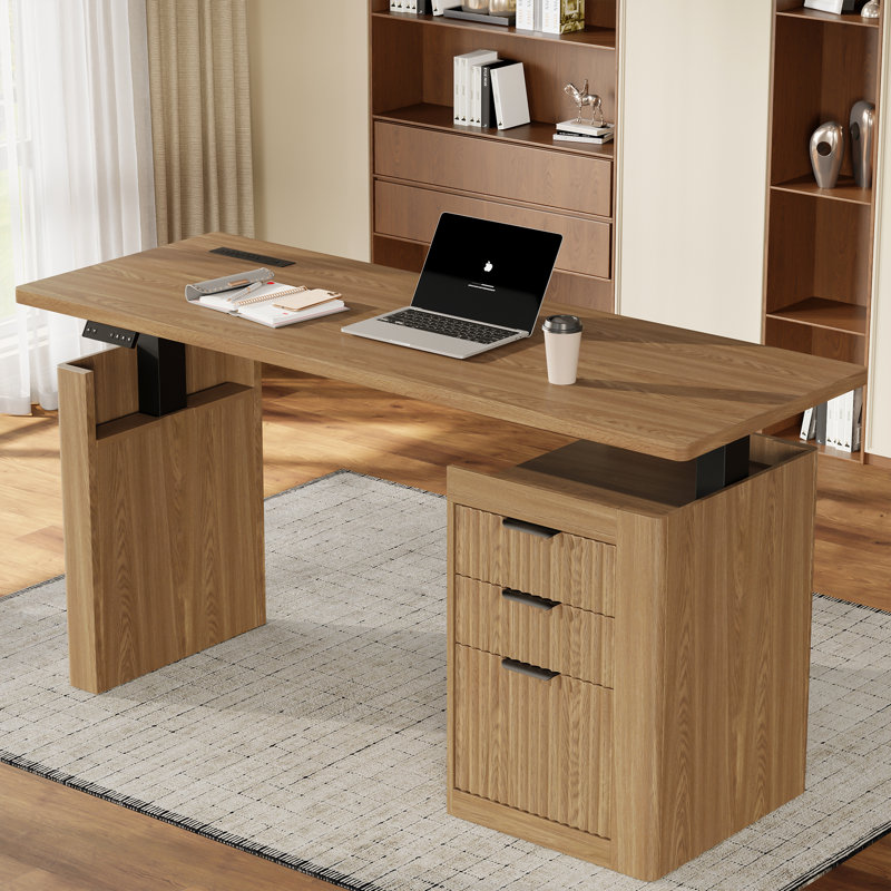 Bureau électrique debout à 3 tiroirs, bureau à hauteur réglable avec classeur, bureau d'ordinateur en bois pour bureau, bureau d'écriture