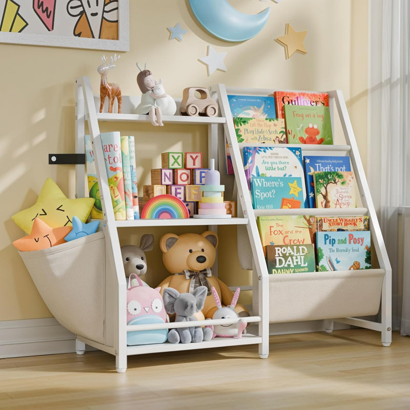 Bibliothèque à 3 niveaux avec porte-livres et sac de rangement