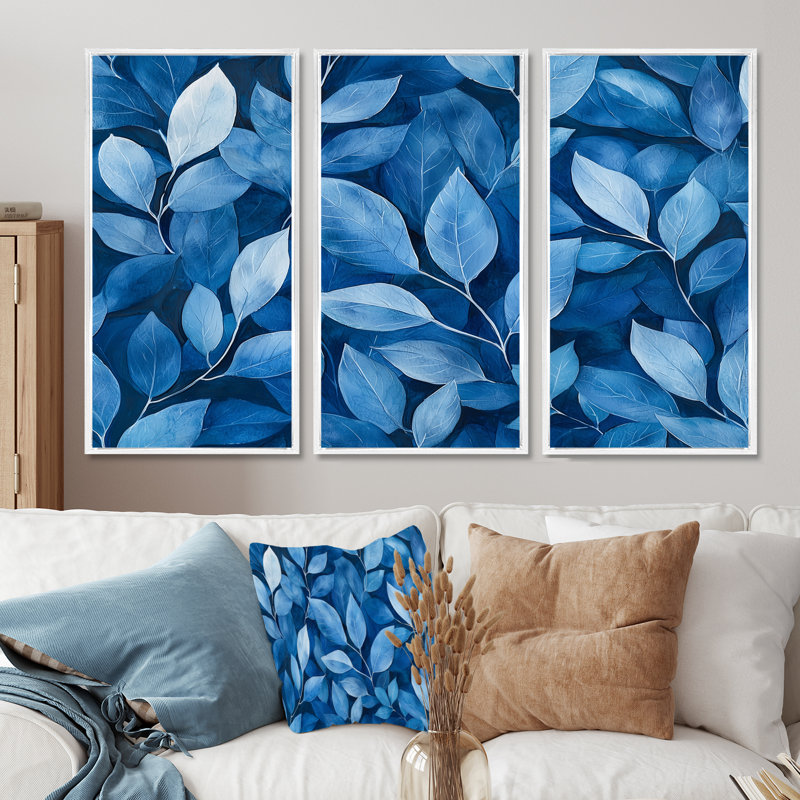 Indigo feuilles feuillage collage I - feuilles, art mural sur toile - 3 panneaux, H 28 po x l 36 po, Blanc