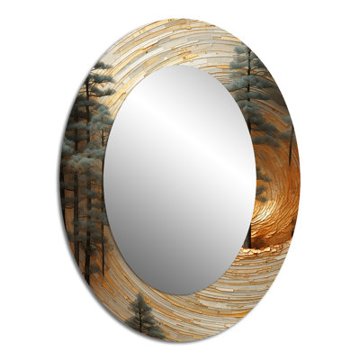 Orange And White Abstract Pine Tree Spiral Serenity II - Orange Modern Oval Wall Mirror