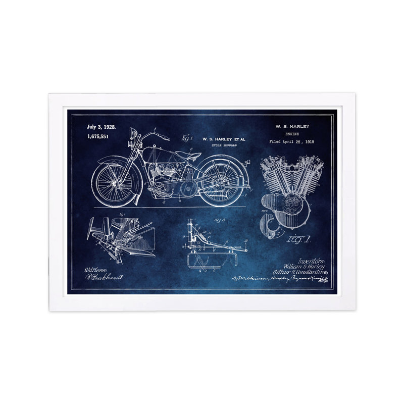 «Harley Engine 1923 Set Horiz Blue Chalkboard» par Oliver Gal, reproduction d'impression sur papier, Cadre blanc