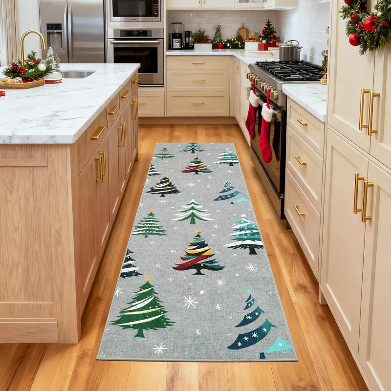 Runner Rug, Washable Rug for Home Decor, Indoor Non Slip Carpet, Soft Low Pile Christmas Rugs with Xmas Tree Motif for Kitchen, Entryway, Living Room, Bedroom