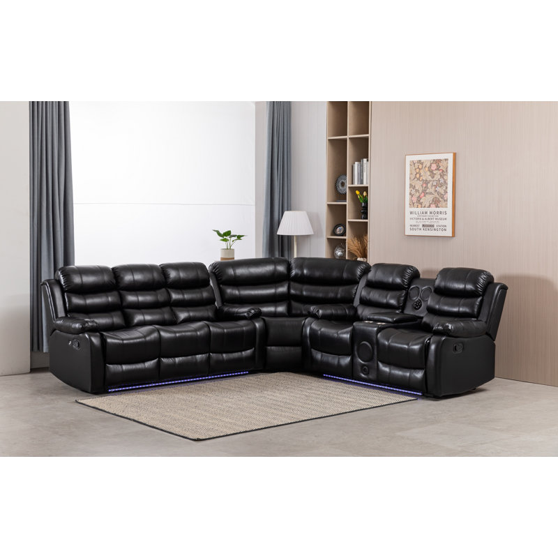 Riyani USB Faux Leather Sectional With LED Lights & Sound Woofer System , Black Faux Leather