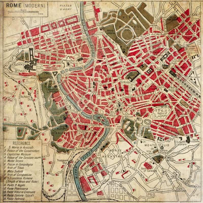 Carte rétro de Rome par Michelle Bennett - impression, H 40 po x l 40 po x P 1,5 po, Couche de verre