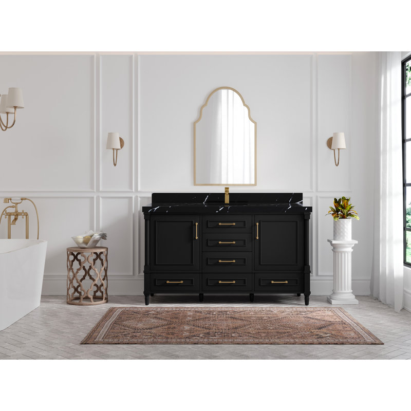 Aberdeen 60'' Single Bathroom Vanity with Quartz Top, Calacatta Black, Black