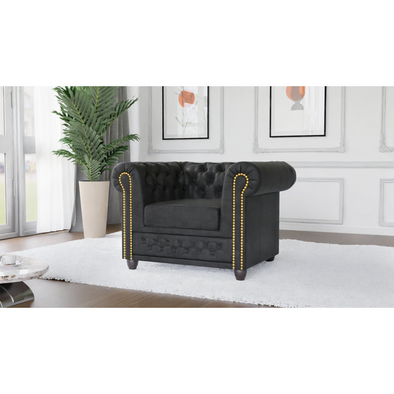 Chesterfield Armchair Friedrich Made of Vintage Look Microfibre with Solid Wood Legs, Anthracite