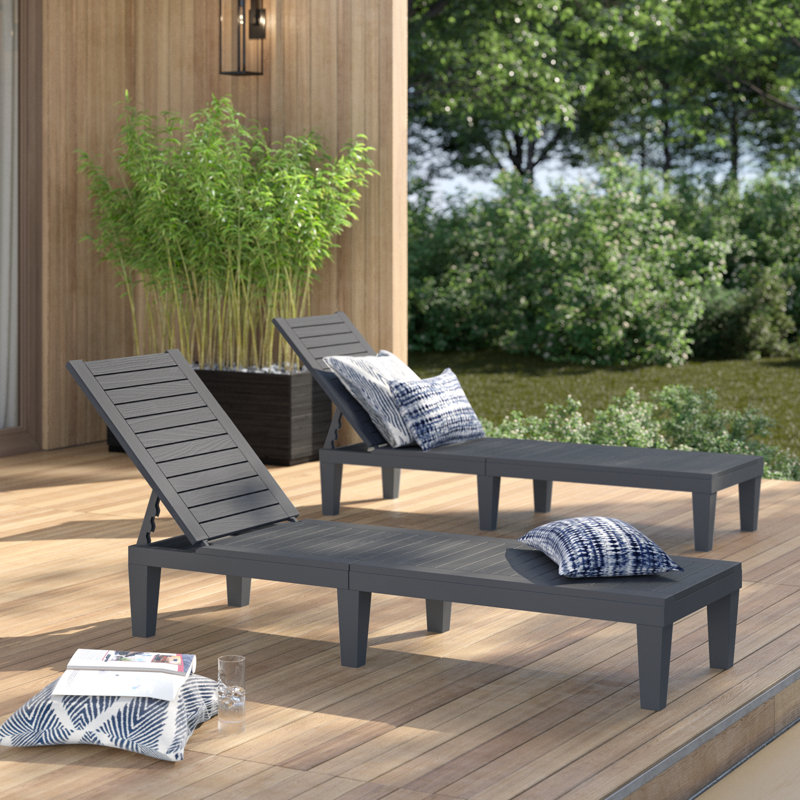 Alizay 74" Long Outdoor Resin Reclining Chaise Lounge, Off White, 2