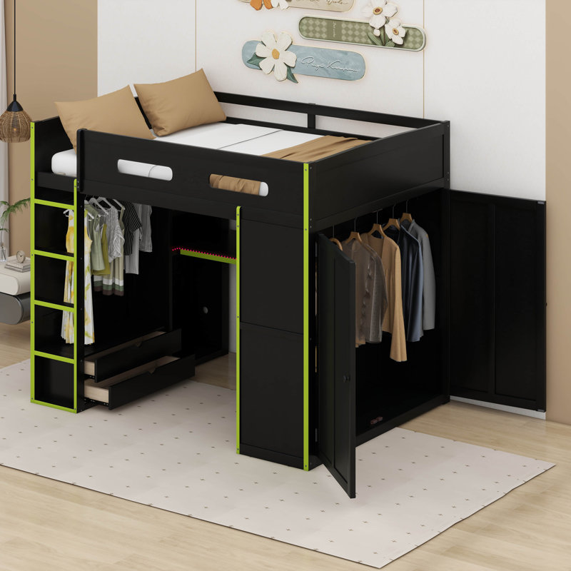 Full Size Wood Gaming Loft Bed With Built-In Desk, RGB LED Lighting, USB Port, Wardrobe & Storage, Green