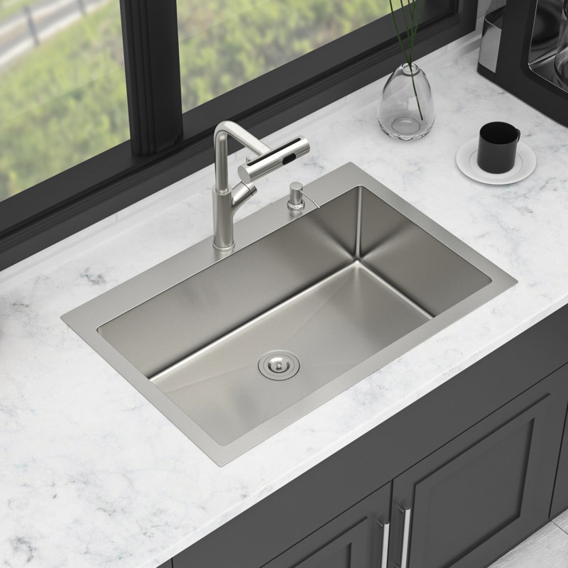 Évier de cuisine à montage sur plan avec robinet escamotable, distributeur de savon et support de séchage à roulettes - Pinces d'installation pour cuve simple en acier inoxydable de calibre 16 T304