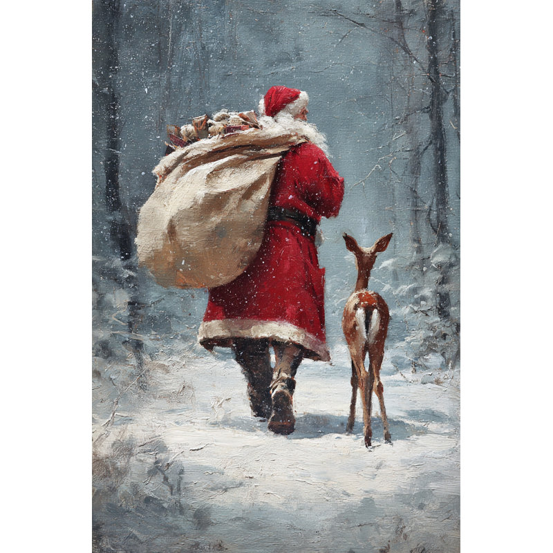 Père Noël marchant dans la neige avec renne, art mural sur toile, 30 po x 40 po