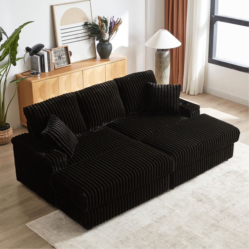 Canapé 3 places en velours côtelé de 213 cm avec coussins de dossier, 2 coussins décoratifs pour un confort optimal dans le salon, repose-pieds avec rangement et porte-gobelets, canapé à assise profonde et confortable