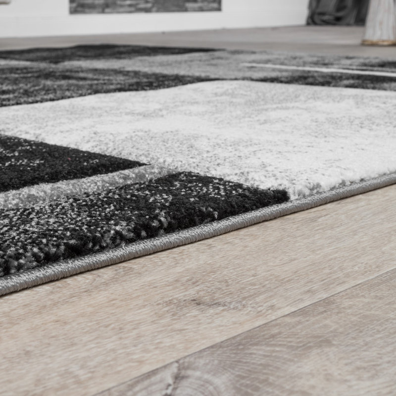 Tapis géométrique tissé à la main en polypropylène gris / noir, Rectangle 2 pi 8 po x 4 pi 11 po
