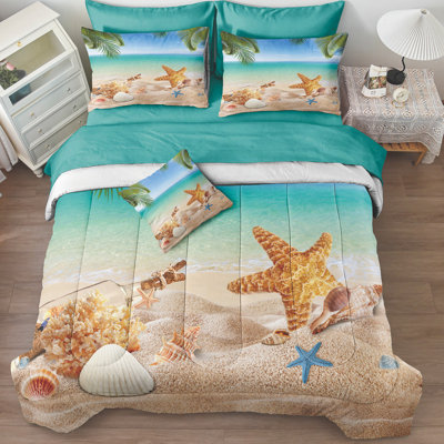 8 Pieces Beach Bed in a Bag Queen Size Ocean Comforter Set with Sheet Set Tropical Palm Tree and Starfish Pattern Hawaii Vacation Style Beachy Comforter Set for Bedroom