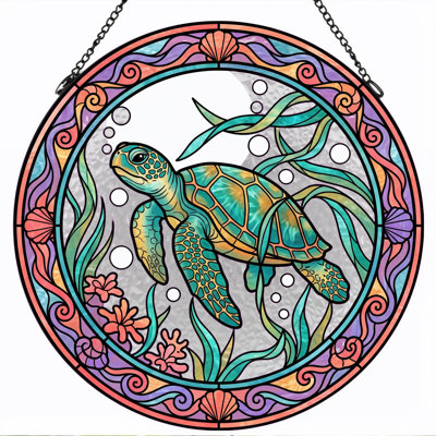 Sea Turtle Stained Glass Window Panel，7.8H
