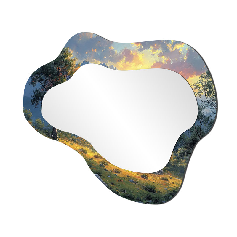 Country Road Majestic Pastel Sunset - Countryside Asymmetrical Unique Mirror, White Unique Shape Large Wall Mirror, Printed Metal Art