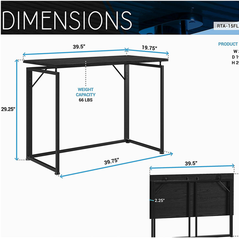 Bureau pliable Techni Mobile - Noir, H 29,13 po x l 39,37 po x P 19,69 po