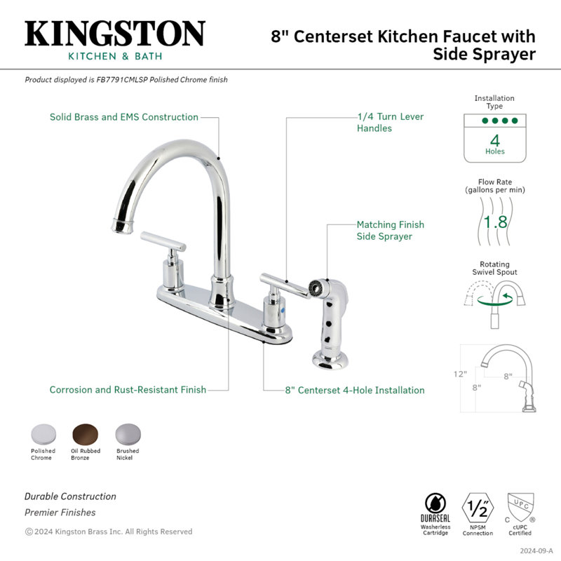Kingston Brass Manhattan Two-Handle 4-Hole 8" Centerset Kitchen Faucet with Side Sprayer, Brushed Nickel
