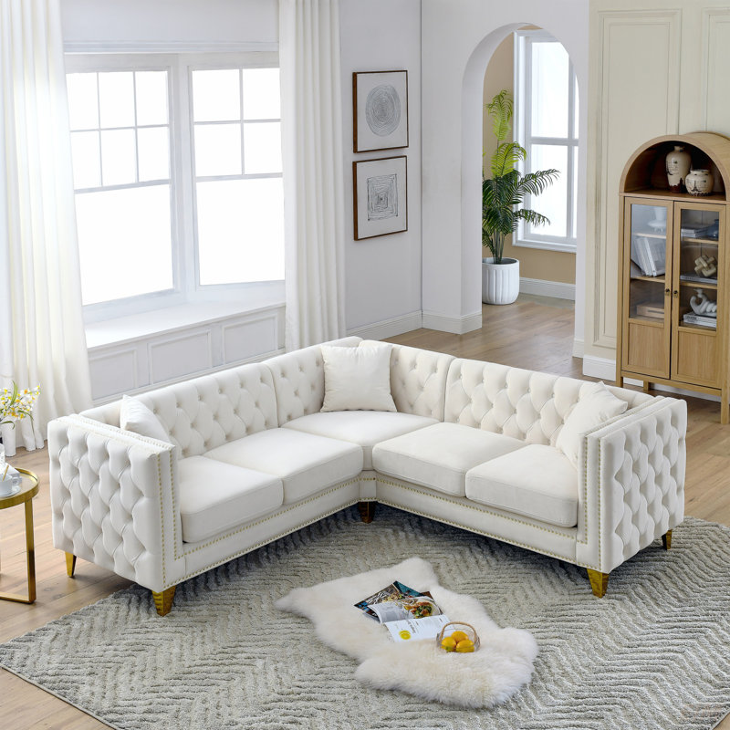 Stoughton L-Shaped Sectional Sofa with Cushions, Beige Velvet