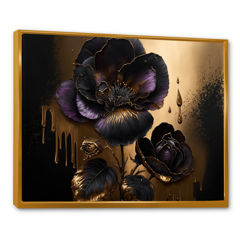 «Black and Gold Violets II» - art mural violet pour le salon, Cadre flottant doré, H 24 po x l 32 po x P 1 po