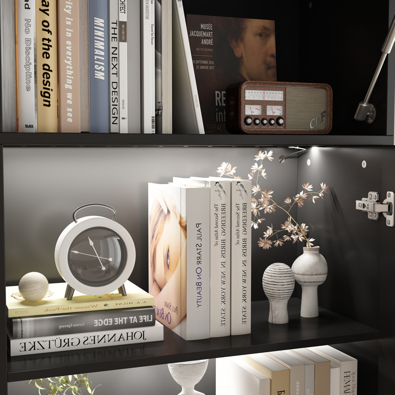 Meuble audio-vidéo l 114,2 po avec lumières DEL, bibliothèques, armoires et tablettes ouvertes, Noir